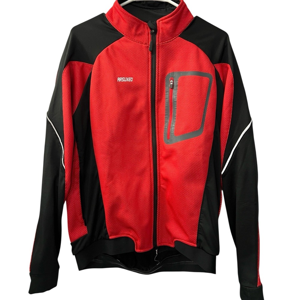 Arsuxeo Cycling Jacket Red Black Mens Medium Reflective Full Zip Bike Pockets - Picture 2 of 12